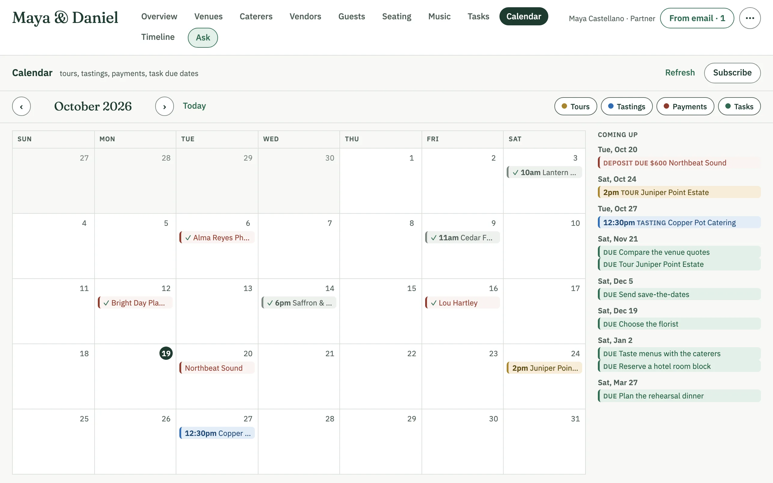 The calendar of an example wedding for one month, with tours, a tasting and payments on their days and the coming dates listed beside it.