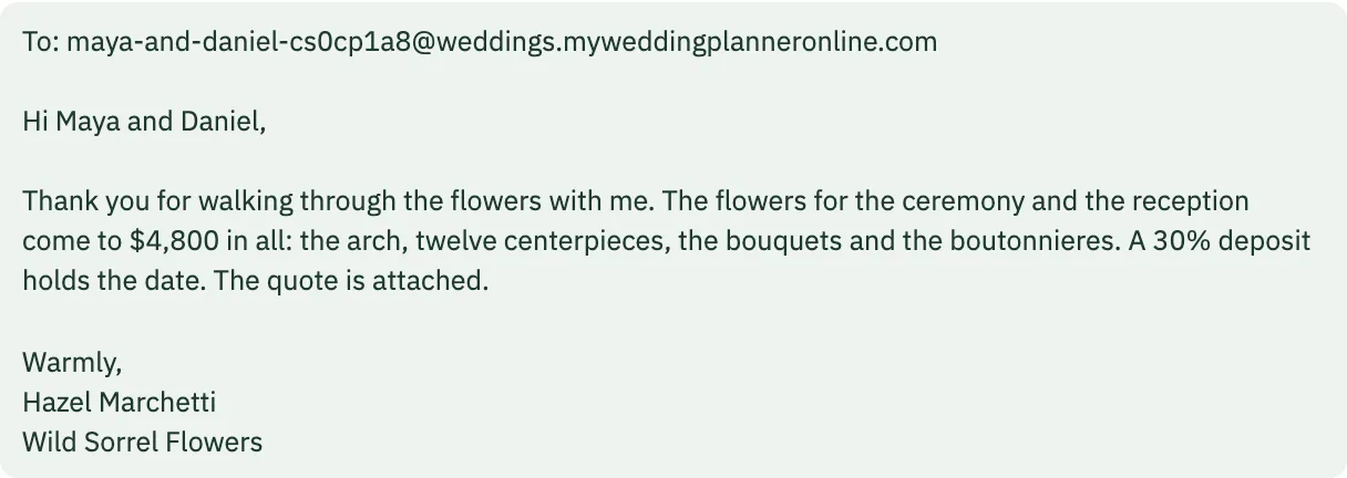 An email from a florist to the wedding's address with the price of the flowers, a deposit and an attached quote.