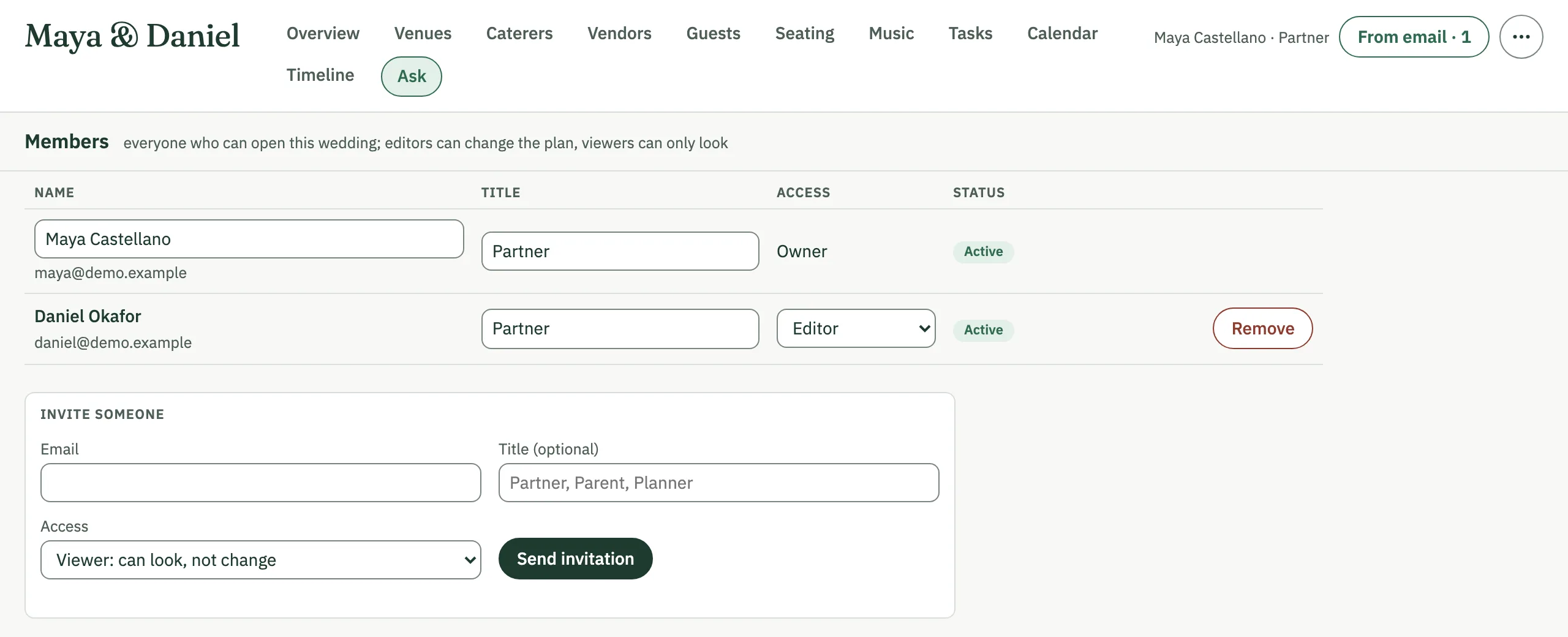 Members of an example wedding: the owner and an editor, each titled Partner, and the form to invite someone as an editor or a viewer.